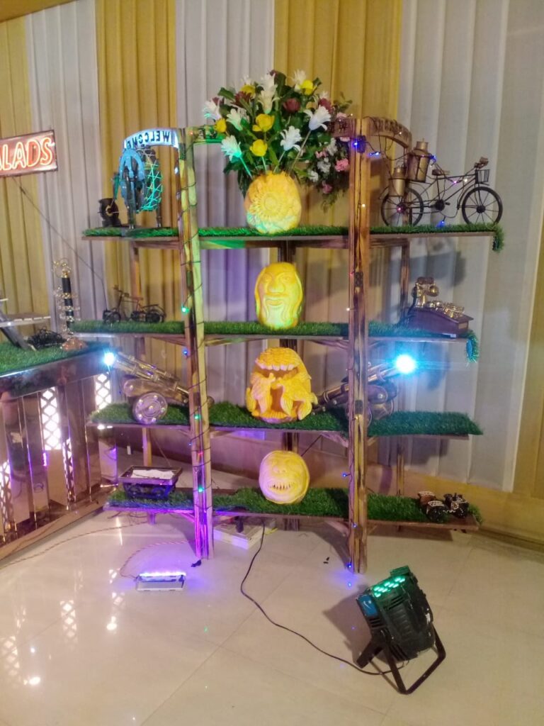 A rack decorated by different elements and lights