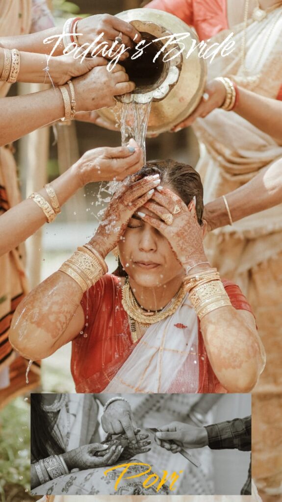 Assamese girl seated with water being poured on her head.