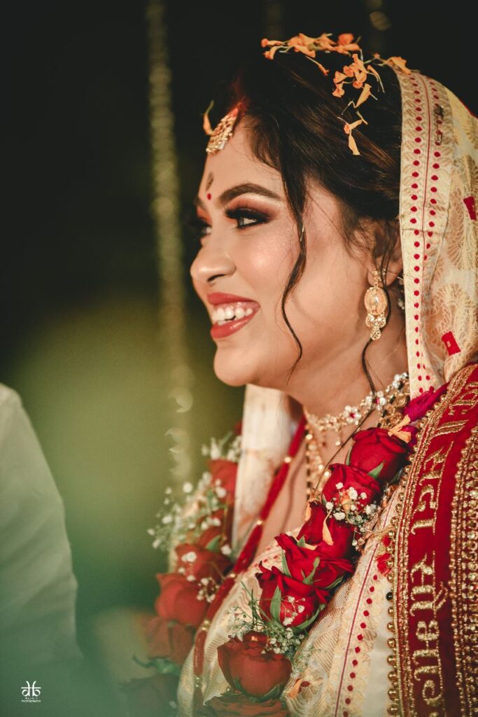 Bride smiling happily.