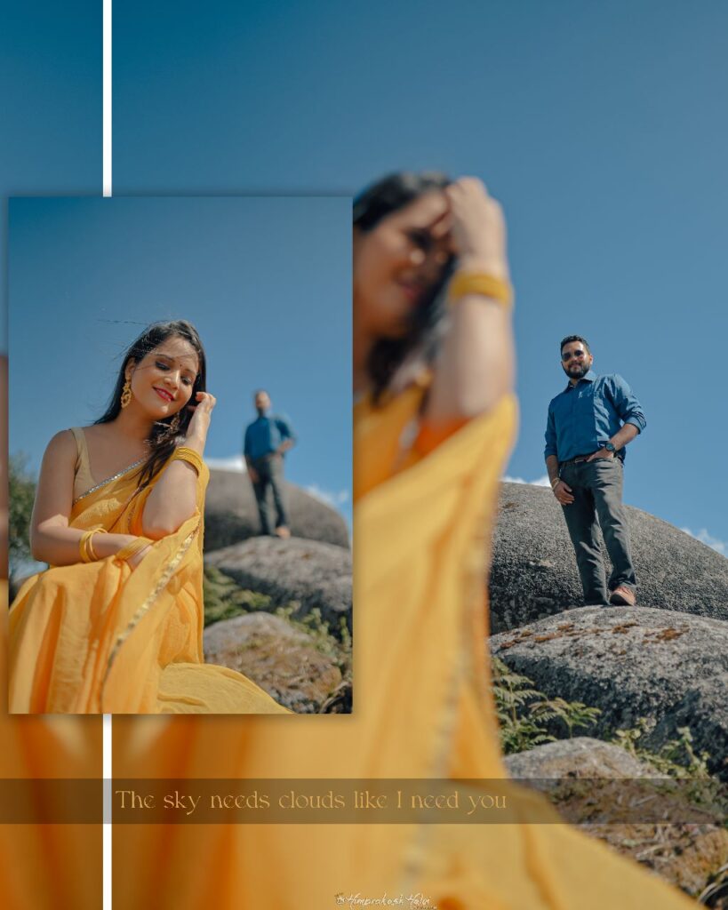 Girl wearing a yellow saree while a guy stands behind.