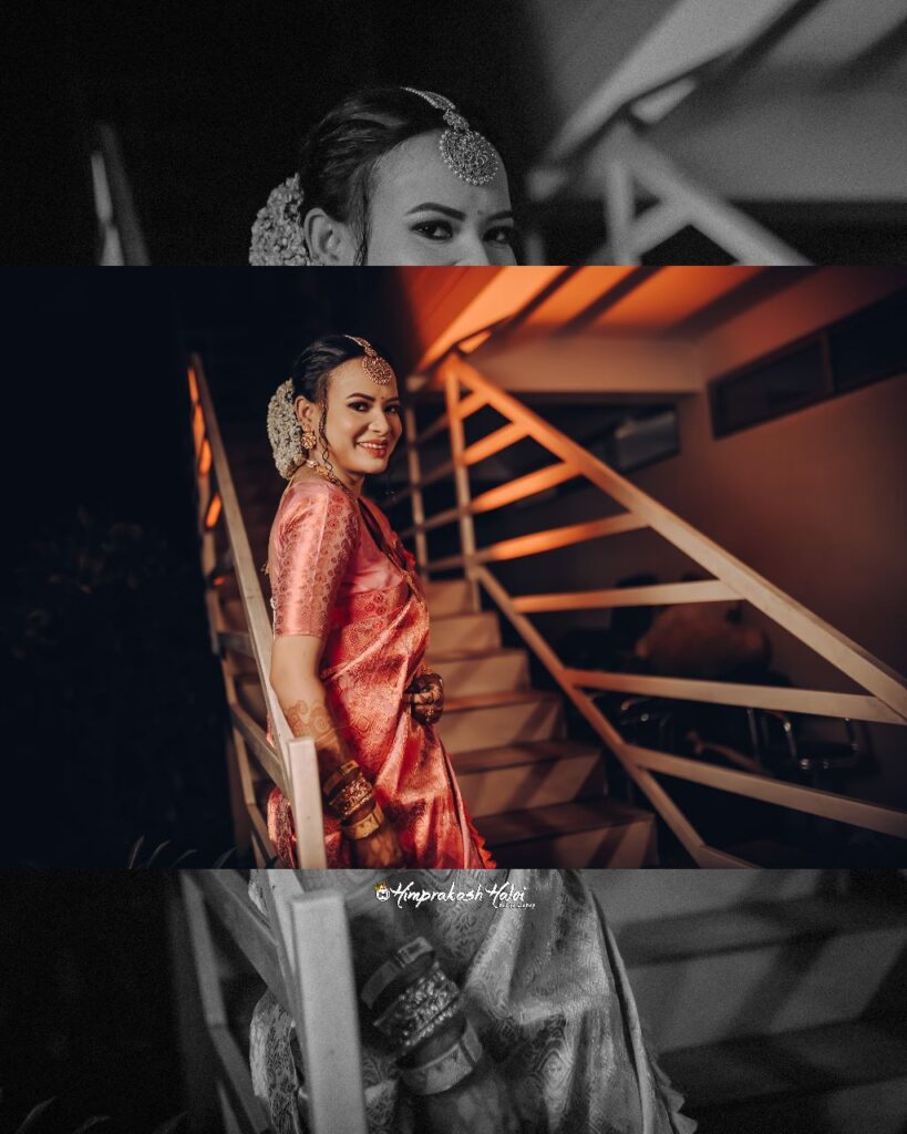 A smiling bride standing on the stairs.