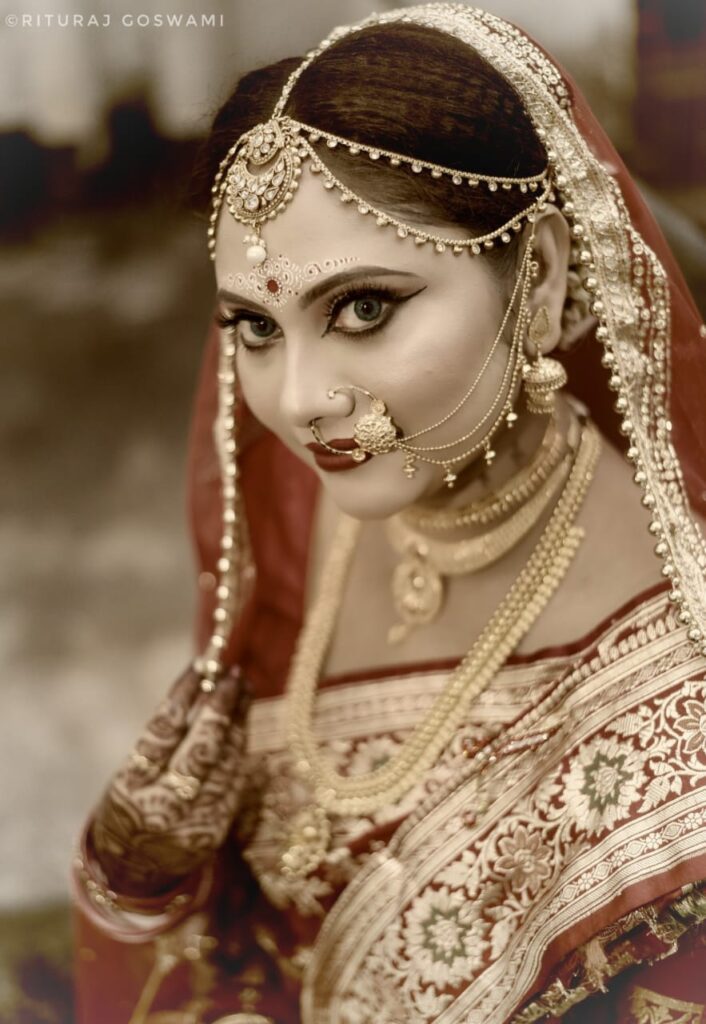 Closeup of a bride wearing a traditional attire.