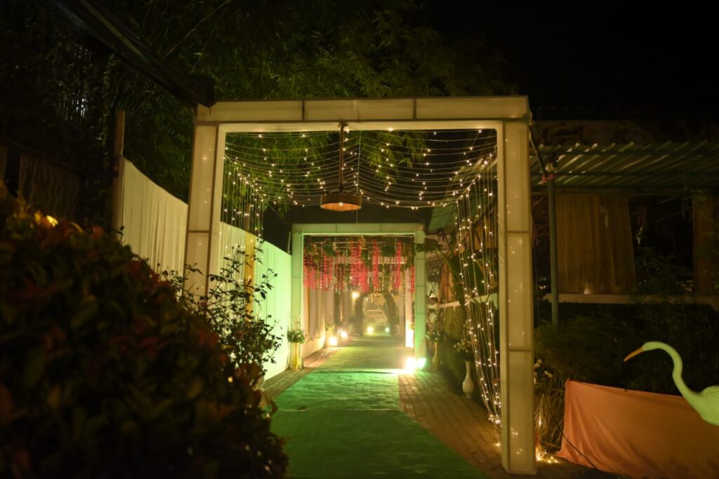 Entrance decorated with lights